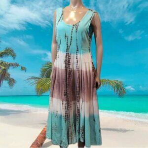 Todays Designer Tie Dye Midi Dress Sleeveless Beach Long Blue Coastal Summer